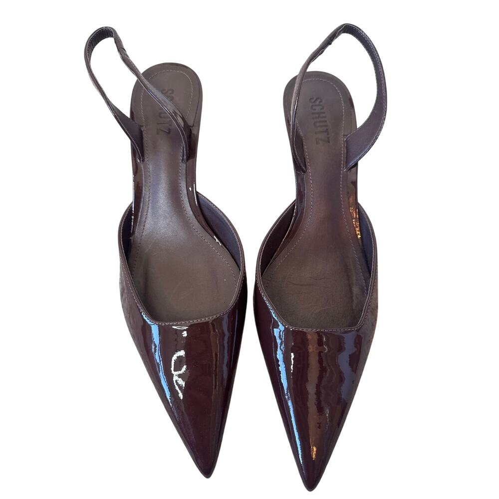SCHUTZ Paola Mid Pump Slingback Heel Patent Leather Root Brown size 8.5